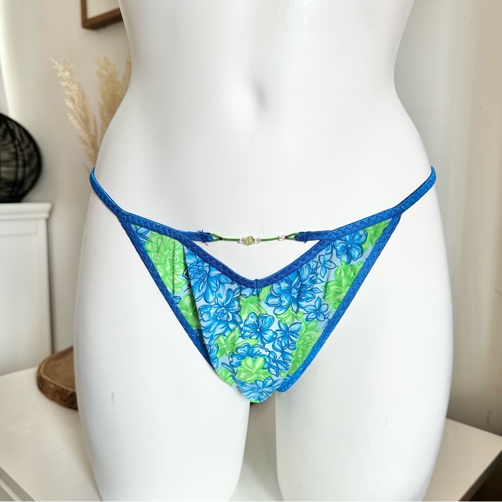 Y2k biatta size large green blue floral stretchy smooth string bikini panties